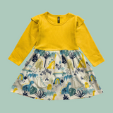 Full Sleeves Girls Frock - Yellow & Dino Print | Knee Length
