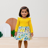 Full Sleeves Girls Frock - Yellow & Dino Print | Knee Length