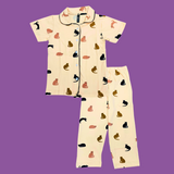 Meow Print Kids Night Suit - Half Sleeve Shirt and Full Pant