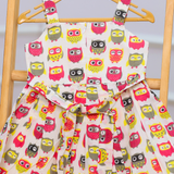 Multi Coloured Owl - Half White Sleeveless Cotton Frock for Girls with Lining and Back Zip
