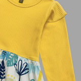 Full Sleeves Girls Frock - Yellow & Dino Print | Knee Length