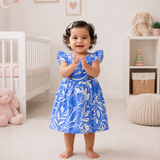 Muslin Double Layer Cross Button Frock - Blue Floral