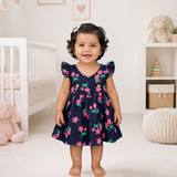 Muslin Double Layer Cross Button Frock - Navy Floral