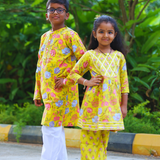 Yellow Flora Boys Ethnic Kurta Pyjama Set