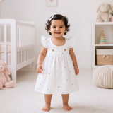 Muslin Double Layer Cross Button Frock - White Hearts