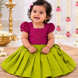 Angavi Raw Silk Ethnic Set - Purple Top with Pear Green Full Length Skirt for Baby Girls