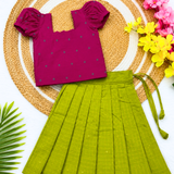 Angavi Raw Silk Ethnic Set - Purple Top with Pear Green Full Length Skirt for Baby Girls (Preorder Dispatch from 15-8-26)