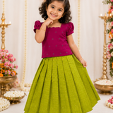 Angavi Raw Silk Ethnic Set - Purple Top with Pear Green Full Length Skirt for Baby Girls