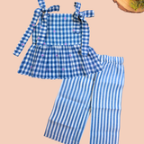 Blue Checks Peplum Sleeveless Co-ord Set - Sleeveless top with shoulder knot