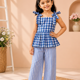 Blue Checks Peplum Sleeveless Co-ord Set - Sleeveless top with shoulder knot
