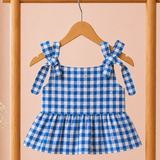 Blue Checks Peplum Sleeveless Co-ord Set - Sleeveless top with shoulder knot