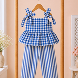 Blue Checks Peplum Sleeveless Co-ord Set - Sleeveless top with shoulder knot