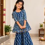 Blue Floral Girls Ethnic Kurta Sharara Set