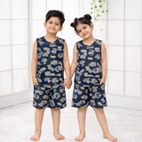 Blue Mickey Print Kids Sleeveless T-Shirt Shorts Set (Unisex)
