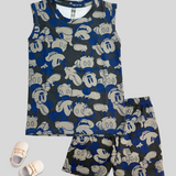 Blue Mickey Print Kids Sleeveless T-Shirt Shorts Set (Unisex)