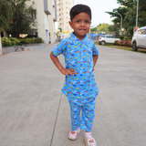 Blue Cars Print Kids collar Coord Set - Half Sleeve Shirt and Full Pant