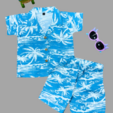 Tropical Blue Seashore Boys Printed Half Sleeve Shirt with Shorts | Cuban Collar Shirt & Shorts Set