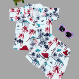 Tropical Hut Tree Boys Printed Half Sleeve Shirt with Shorts | Cuban Collar Shirt & Shorts Set | Dispatch Date Oct 06