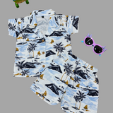 Tropical Blue Sea Boys Printed Half Sleeve Shirt with Shorts | Cuban Collar Shirt & Shorts Set