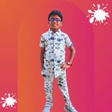 Crane Print Kids collar Coord Set - Half Sleeve Shirt and Full Pant