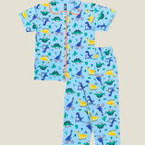 Blue Dinos Print Kids Night Suit - Half Sleeve Shirt and Full Pant