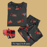 Fire Truck Kids Coord Set (Unisex) - Half Sleeve T-Shirt and Full Pant with Single Side Packet