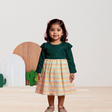 Full Sleeves Girls Frock - Green & Lines Print | Knee Length