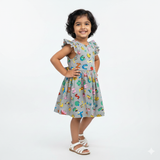 Grey Alpha cub - Frill Cotton Frock with Ruffle Sleeve and bow