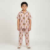 Pink Teddy Print Kids Night Suit - Half Sleeve Shirt and Full Pant