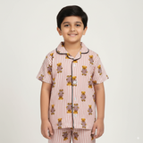 Pink Teddy Print Kids Night Suit - Half Sleeve Shirt and Full Pant