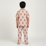 Pink Teddy Print Kids Night Suit - Half Sleeve Shirt and Full Pant