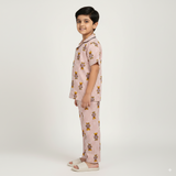 Pink Teddy Print Kids Night Suit - Half Sleeve Shirt and Full Pant