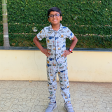 Grey Crane Print Print Kids Night Suit - Half Sleeve Shirt and Full Pant