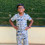 Grey Crane Print Print Kids Night Suit - Half Sleeve Shirt and Full Pant