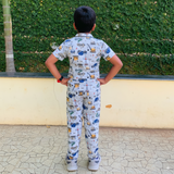 Grey Crane Print Print Kids Night Suit - Half Sleeve Shirt and Full Pant