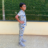 Grey Crane Print Print Kids Night Suit - Half Sleeve Shirt and Full Pant