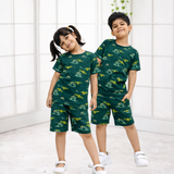 Green Dino Print Kids Shorts Coord Set (Unisex) - Shorts with Single Side Packet