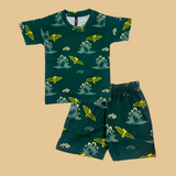 Green Dino Print Kids Shorts Coord Set (Unisex) - Shorts with Single Side Packet