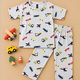 Grey Vehicles  Print Kids Coords (Unisex) - Half Sleeve T-Shirt and Full Pant
