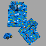 Blue Cars Print Kids collar Coord Set - Half Sleeve Shirt and Full Pant