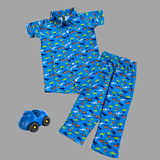 Blue Cars Print Kids collar Coord Set - Half Sleeve Shirt and Full Pant