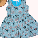 Kalamkari Blue Elephant Print Cotton Frock | Sleeves Frock Calf Length