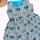 Kalamkari Blue Elephant Print Cotton Frock | Sleeves Frock Calf Length