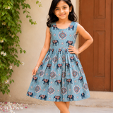 Kalamkari Blue Elephant Print Cotton Frock | Sleeves Frock Calf Length
