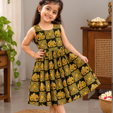 Kalamkari Green Elephant Print Cotton Frock | Sleeves Frock Calf Length