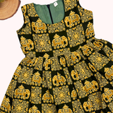 Kalamkari Green Elephant Print Cotton Frock | Sleeves Frock Calf Length