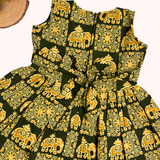 Kalamkari Green Elephant Print Cotton Frock | Sleeves Frock Calf Length