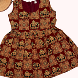Kalamkari Maroon Elephant Print Cotton Frock | Sleeves Frock Calf Length