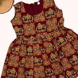 Kalamkari Maroon Elephant Print Cotton Frock | Sleeves Frock Calf Length