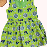 Kalamkari Pista Elephant Print Cotton Frock | Sleeves Frock Calf Length